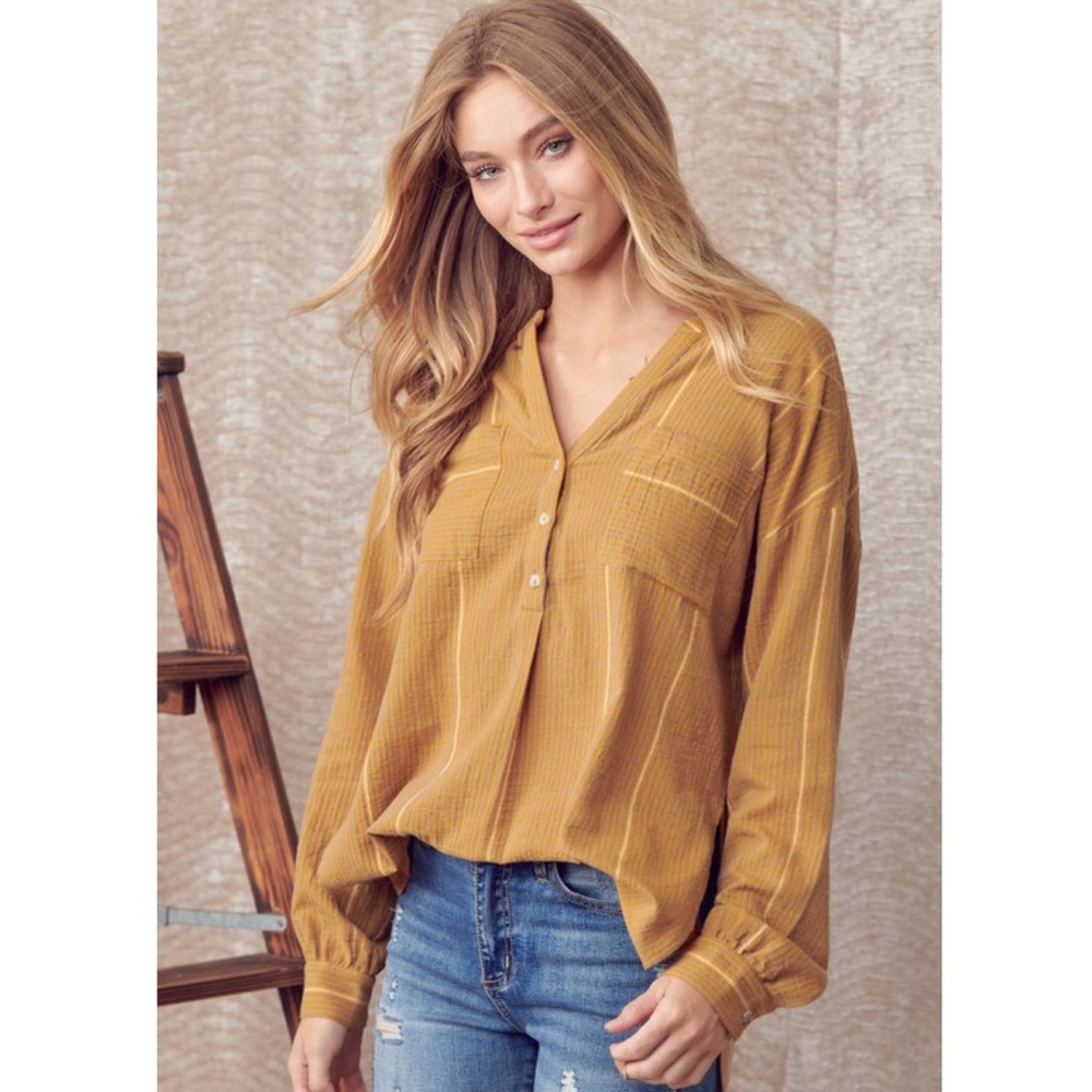Fall Mustard Stripe Tunic Shirt Leggings Button Up Top Women’s Long Tops - Picture 1 of 8